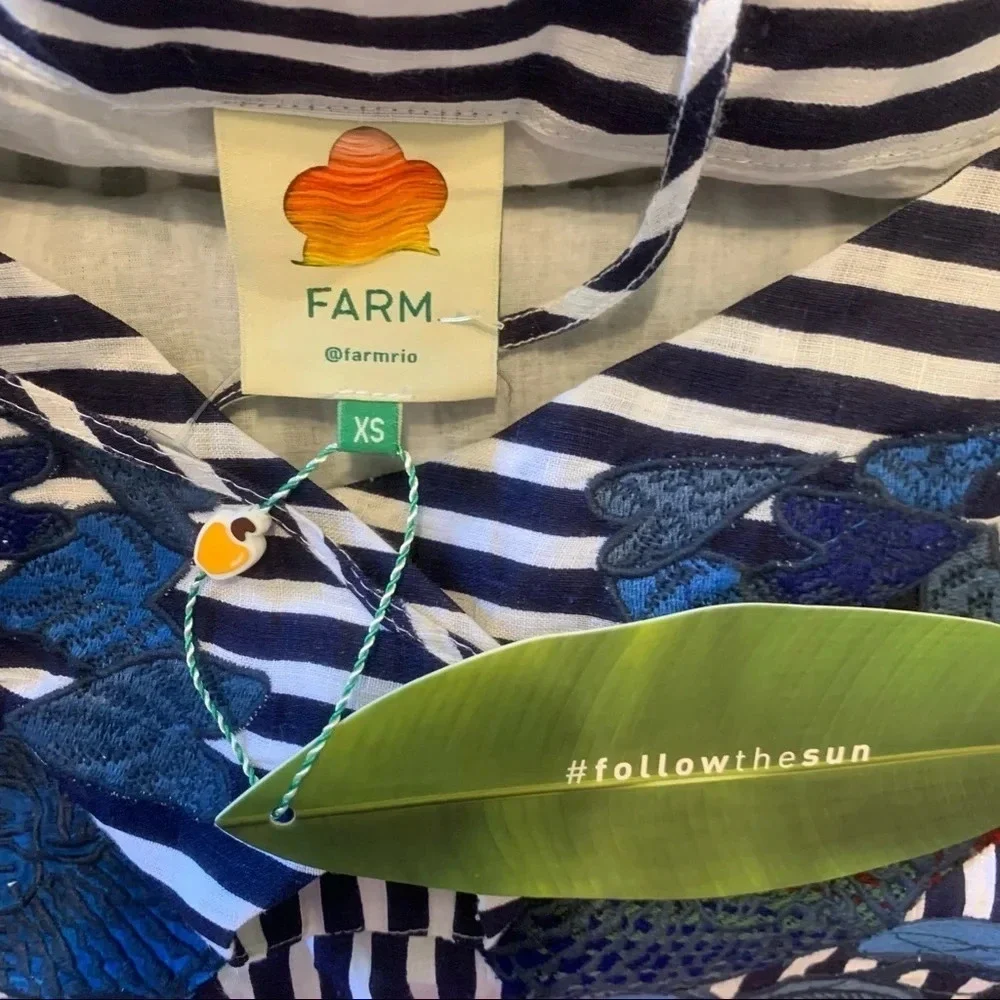 FARM Rio Striped Mini Dress Embroidered Birds Toucan Linen Cover Up Resortwear - Picture 6 of 7